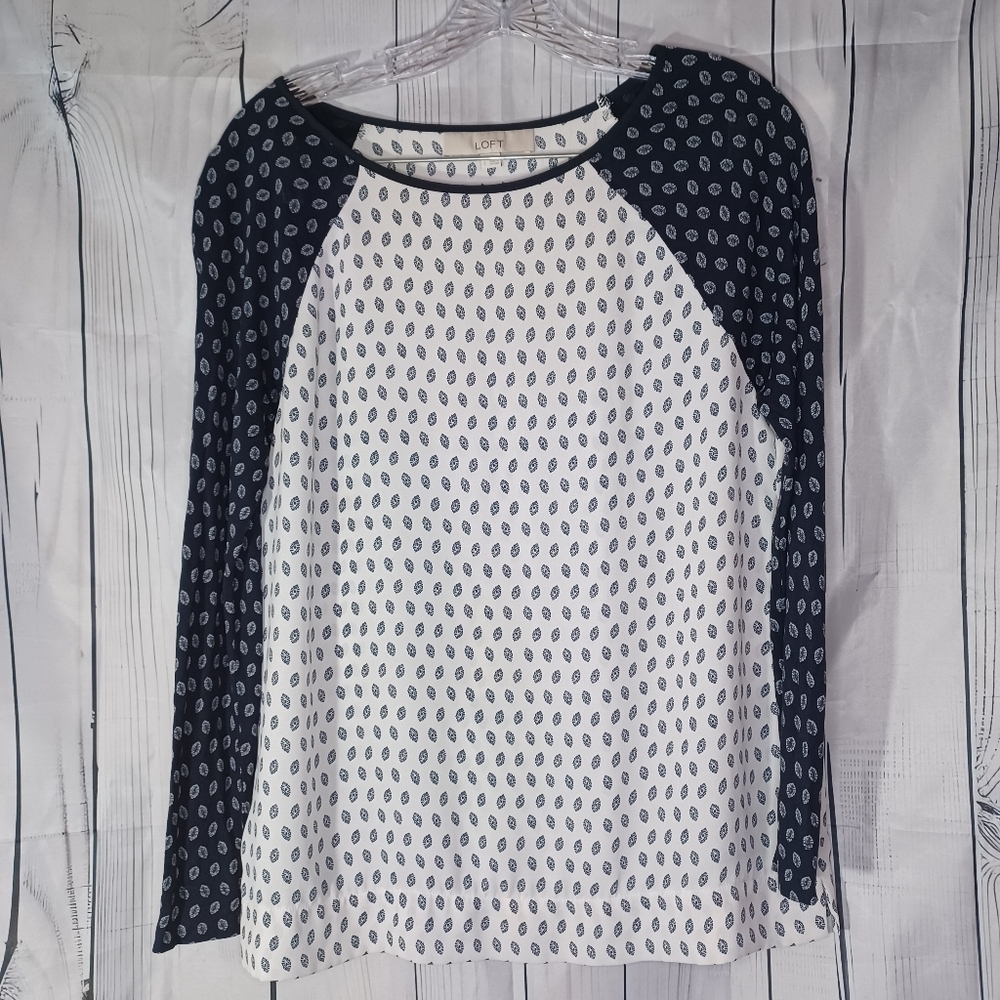 LOFT long sleeve blue and white pattern workwear sheer top